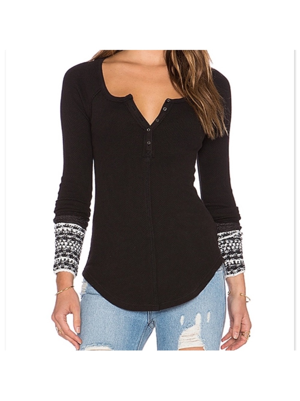 Free People Black Henley Top with Patterned Cuff Detail